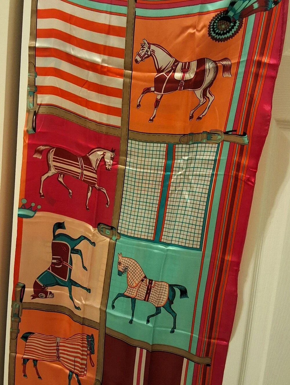 NEW, Vibrant Equestrian Print Silk Scarf - Orange, Teal, Fuchsia - Picture 7 of 7